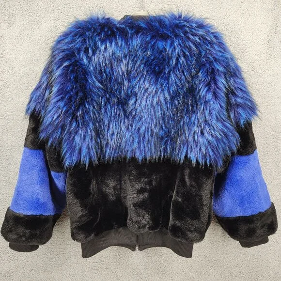 Shaci Blue Women's Size Medium Blue Black Faux Fur Monster‎ Bomber Jacket - Picture 10 of 15